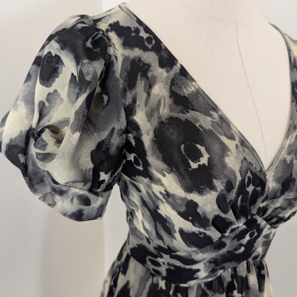 Abstract Mini Dress Sweetheart Neckline Puff Sleeves A-line Empire Waist - Picture 7 of 12